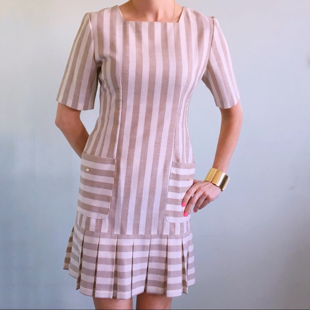 Vintage Tan and White Striped Dress